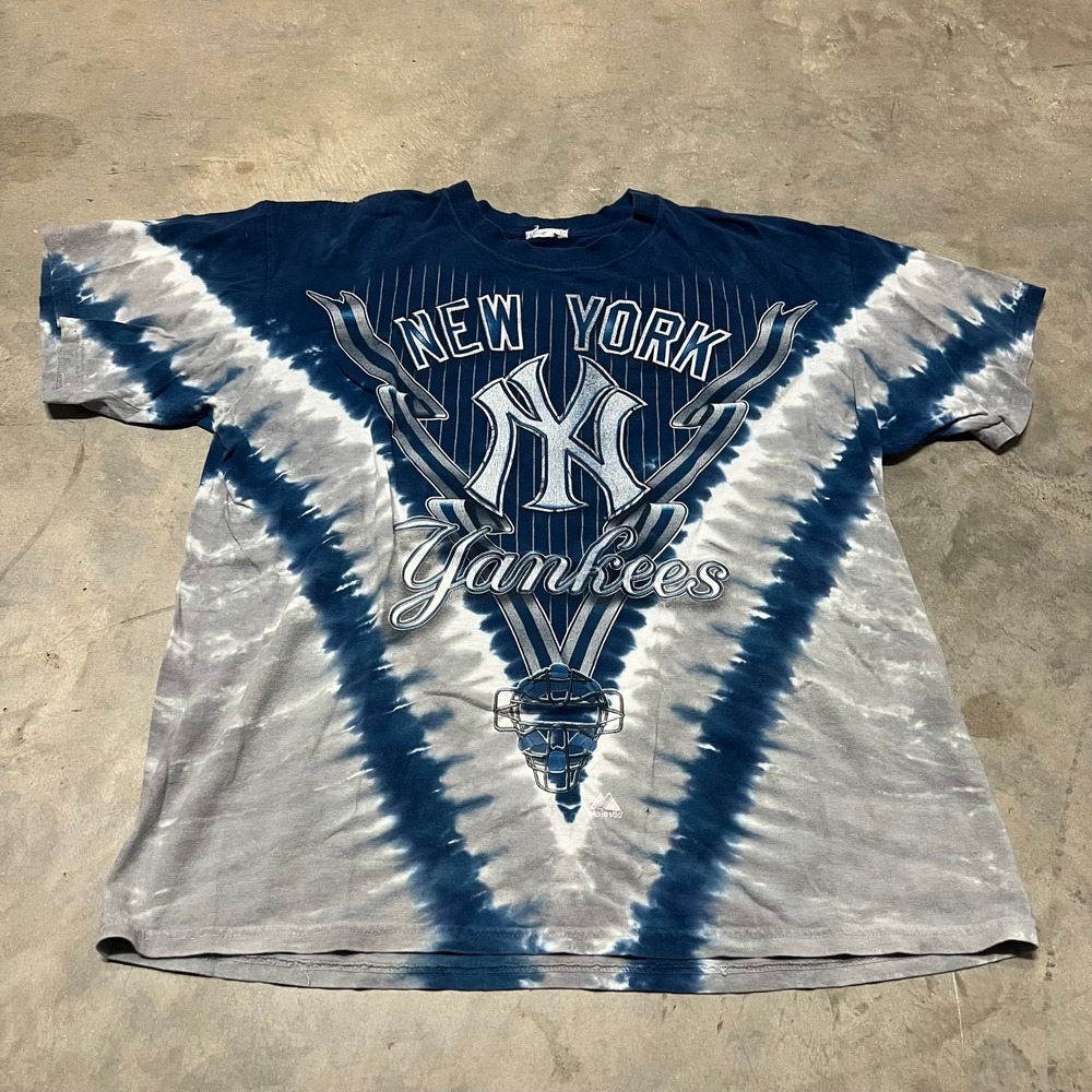Majestic New York Yankees Tie Dye T-Shirt Mens Large Blue Grey Double Sided MLB